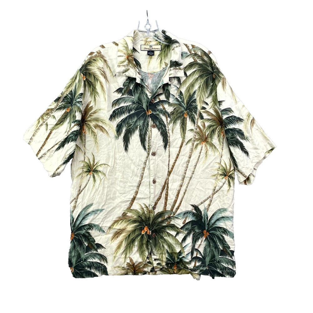 Tommy Bahama Hawaiian Shirt Mens Large‎ Cream Coconut Palms Hike Surf Camp Beach